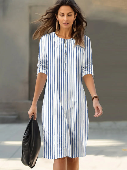 Women's White Dress Casual Dress Cotton Linen Dress Midi Dress Button Print Daily Vacation Crew Neck 3/4 Length Sleeve Summer Spring Fall White Royal Blue Geometric Striped