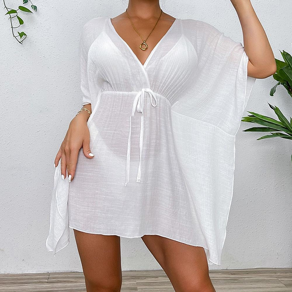 Women's Summer Dress Cover Up Drawstring Beach Wear Holiday Long Sleeve Black White Blue Color