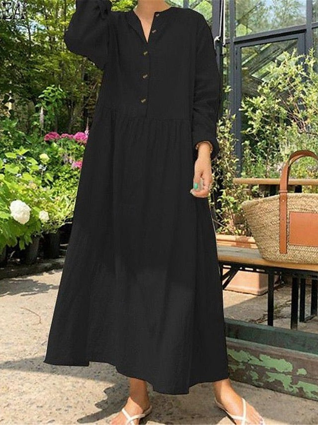 Women's Shirt Dress Casual Dress Cotton Linen Dress Maxi long Dress Button Basic Daily Split Neck Long Sleeve Summer Spring Black Wine Plain