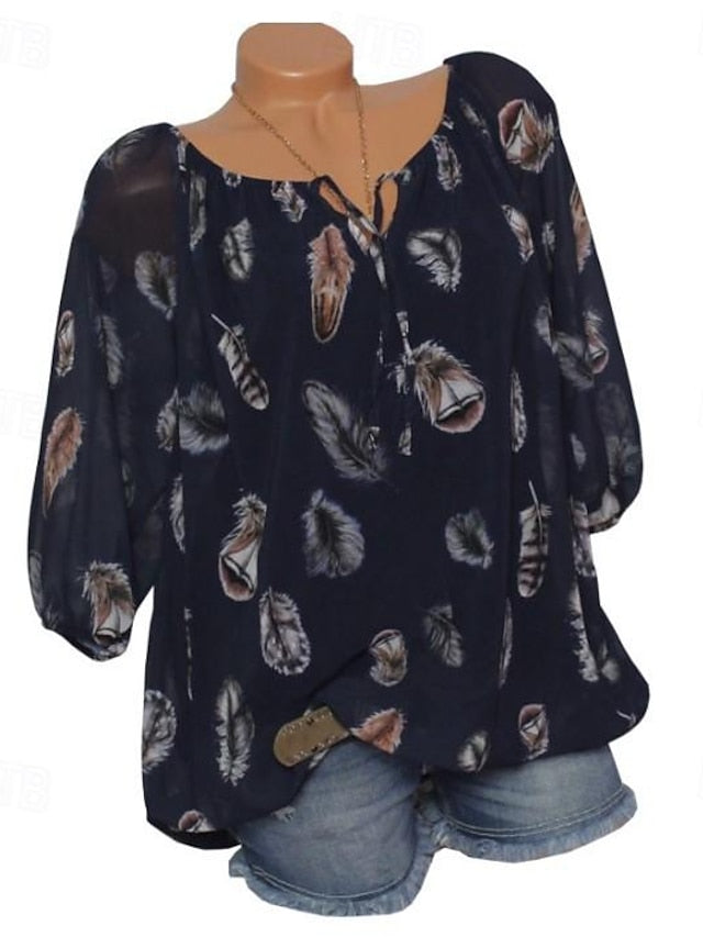 Women's Shirt Blouse Chiffon Feather Daily Vacation Print Black 3/4 Length Sleeve Casual V Neck Spring & Summer