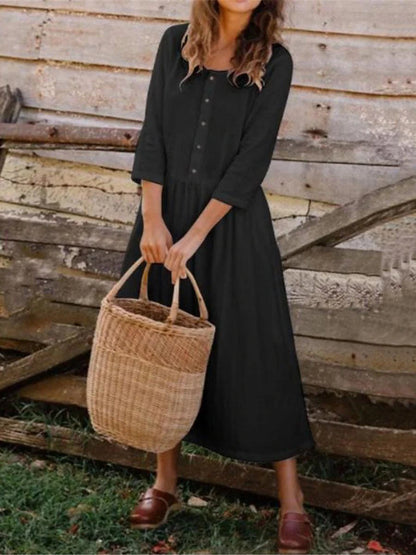 Women's White Dress Casual Dress A Line Dress Midi Dress Button Date Streetwear Basic Square Neck 3/4 Length Sleeve Black White Color