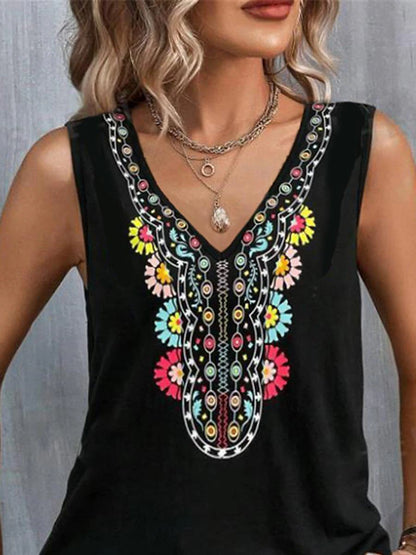 Women's Tank Top Boho Vest Paisley Ethnic Floral Print Black V Neck Sleeveless Vintage Fashion Summer Tank