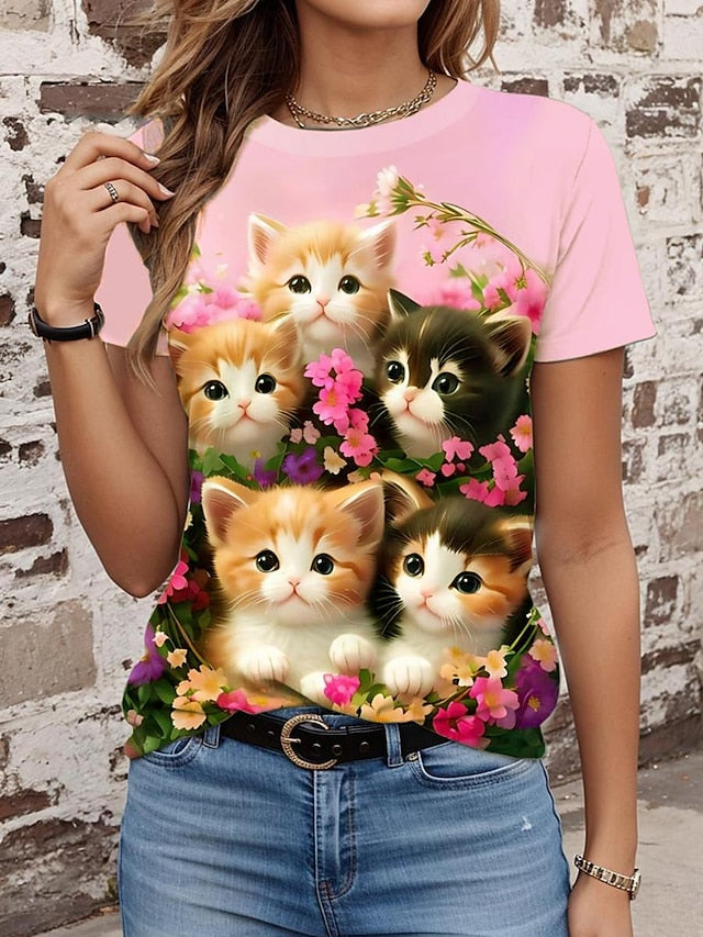 Women's T shirt Tee Animal Cat Dog Daily Pink Short Sleeve Stylish Crew Neck Summer