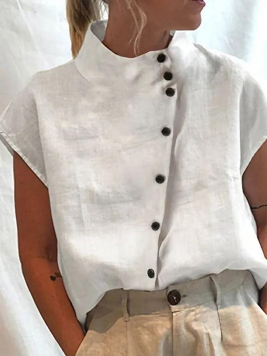 Women's Shirt Blouse Turtleneck shirt Plain Casual Button White Short Sleeve Elegant Fashion Basic Standing Collar