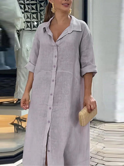 Women's Shirt Dress Casual Dress Cotton Linen Dress Maxi long Dress Button Basic Daily Shirt Collar 3/4 Length Sleeve Summer Spring Gray Plain