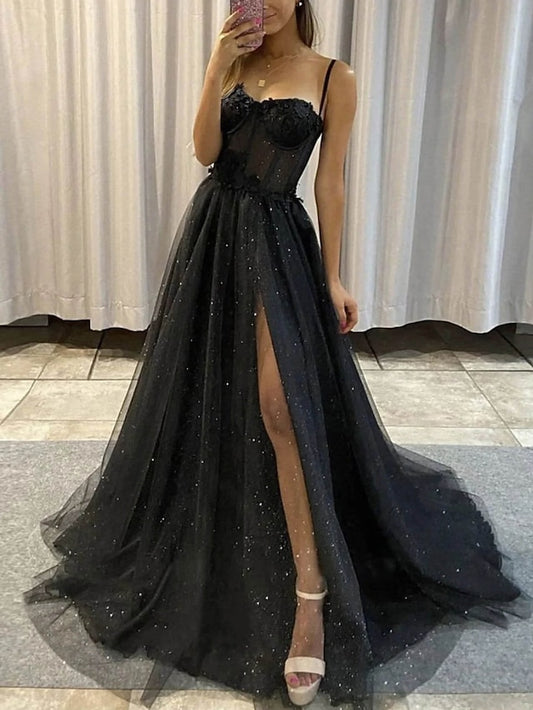 A-Line Prom Dresses Glitter Formal Gothic Dress Graduation Floor Length Sleeveless Sweetheart Spaghetti Tulle with Slit 2023 - LuckyFash™