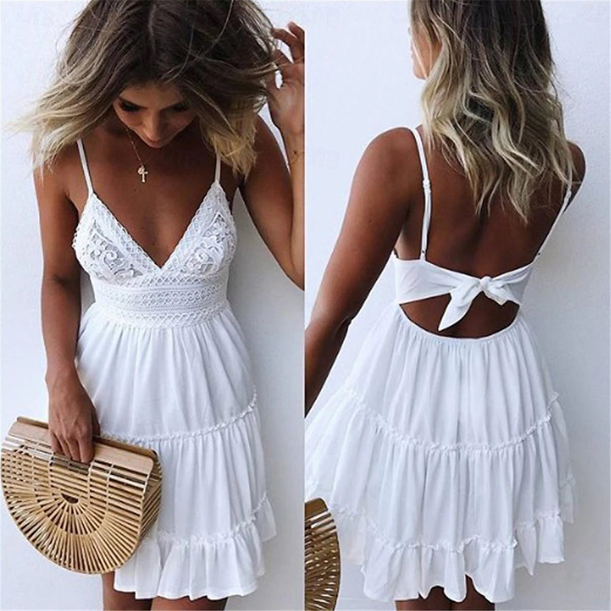 Women's White Dress Lace Dress Casual Dress Mini Dress Lace Ruffle Date Vacation Streetwear Sexy Strap Sleeveless White Pink Color