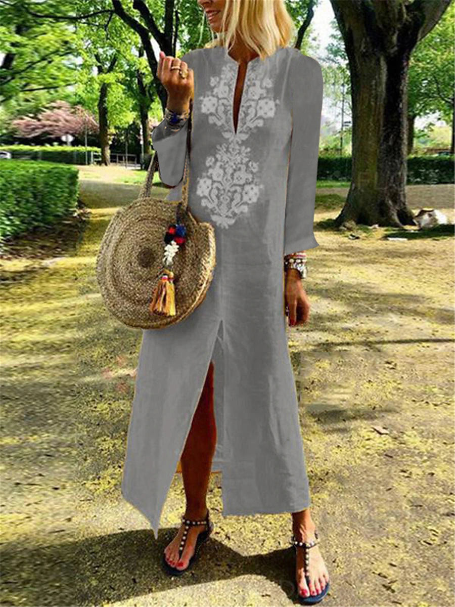 Women's V-Neck Embroidered Cotton Linen Maxi Dress Casual Split Long Sleeve for Summer Spring Fall 2024 Spring