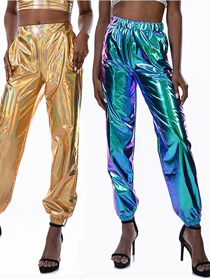 Women's Pants Cargo Pants Loose Pants Hip Hop Dance Costumes Spicy Girls Laser Holographic Shiny 1980s Silver Black Golden Pink Brown - LuckyFash™