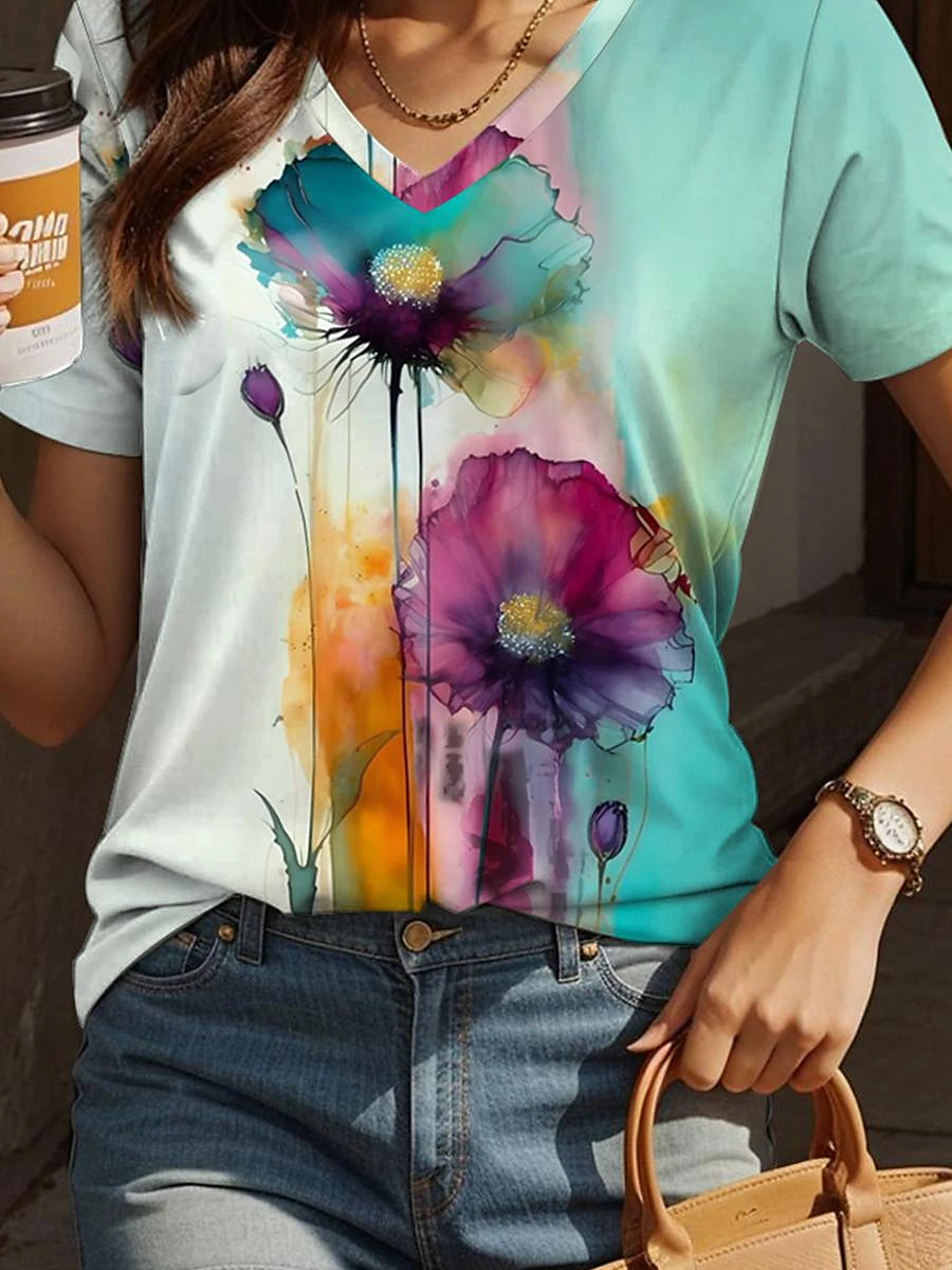 Women's T shirt Tee Daily Print Blue Short Sleeve Vintage Fashion V Neck Summer