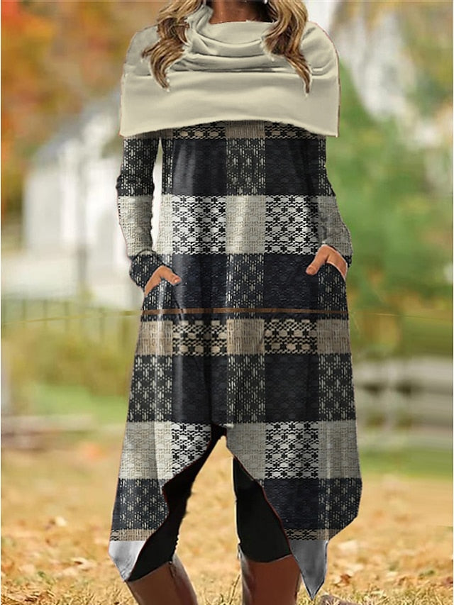 Women's Vintage Dress Casual Dress Winter Dress Plaid Patchwork Print Cowl Neck Midi Dress Vintage Ethnic Date Long Sleeve Fall Winter