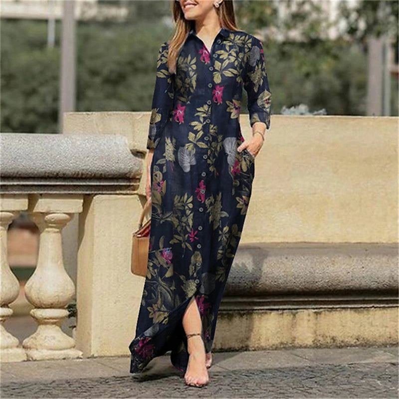 Women's Shirt Dress Casual Dress Linen Dress Maxi long Dress Winter Dress Daily Holiday Cotton Linen Modern Casual Shirt Collar Pocket Print Long Sleeve Summer Spring Fall 2023 Regular Fit Yellow