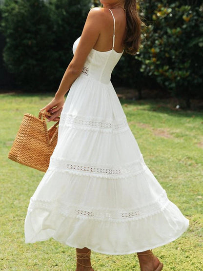 Women's White Lace Wedding Dress Boho Chic Dresses Boho Wedding Guest Dress Long Dress Maxi Dress Backless with Sleeve Date Vacation Beach A Line Strap Sleeveless White Color