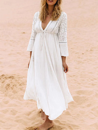 Women's White Dress Casual Dress Swing Dress Long Dress Maxi Dress Lace Patchwork Vacation Beach Streetwear Maxi V Neck 3/4 Length Sleeve Black White Color