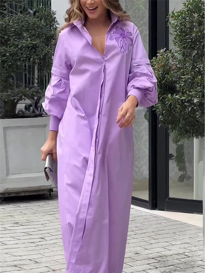 Women's Shirt Dress Casual Dress Shift Dress Maxi long Dress Outdoor Office Daily Cotton Fashion Modern Shirt Collar Button Pocket 3/4 Length Sleeve Summer Spring Fall 2023 Loose Fit Purple Floral S