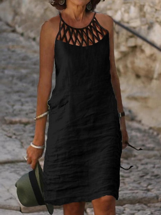 Women's Casual Dress Cotton Linen Dress Shift Dress Mini Dress Cotton Blend Modern Casual Outdoor Daily Vacation Halter Ruched Hollow Out Sleeveless Summer Spring 2023 Regular Fit Black White Blue - LuckyFash™