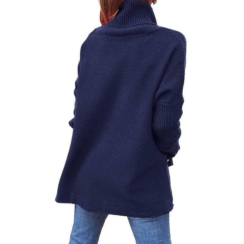 Women's Pullover Sweater Jumper Pullover Jumper Turtleneck Knit Acrylic Knitted Drop Shoulder Fall Winter Tunic Daily Stylish Long Sleeve Solid Color Black Wine Navy Blue S M L