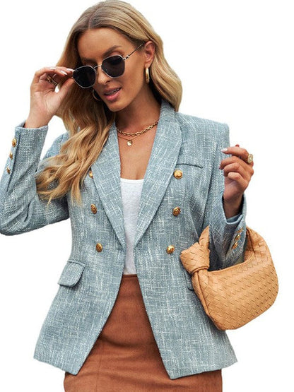 Elegant Long Sleeve Plaid Women's Jacket with Slim Fit