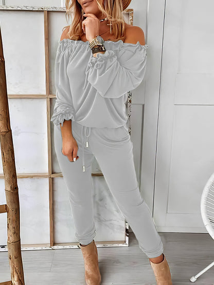 Elegant Off-shoulder Long Sleeve Jumpsuit with Drawstring Frill Hem