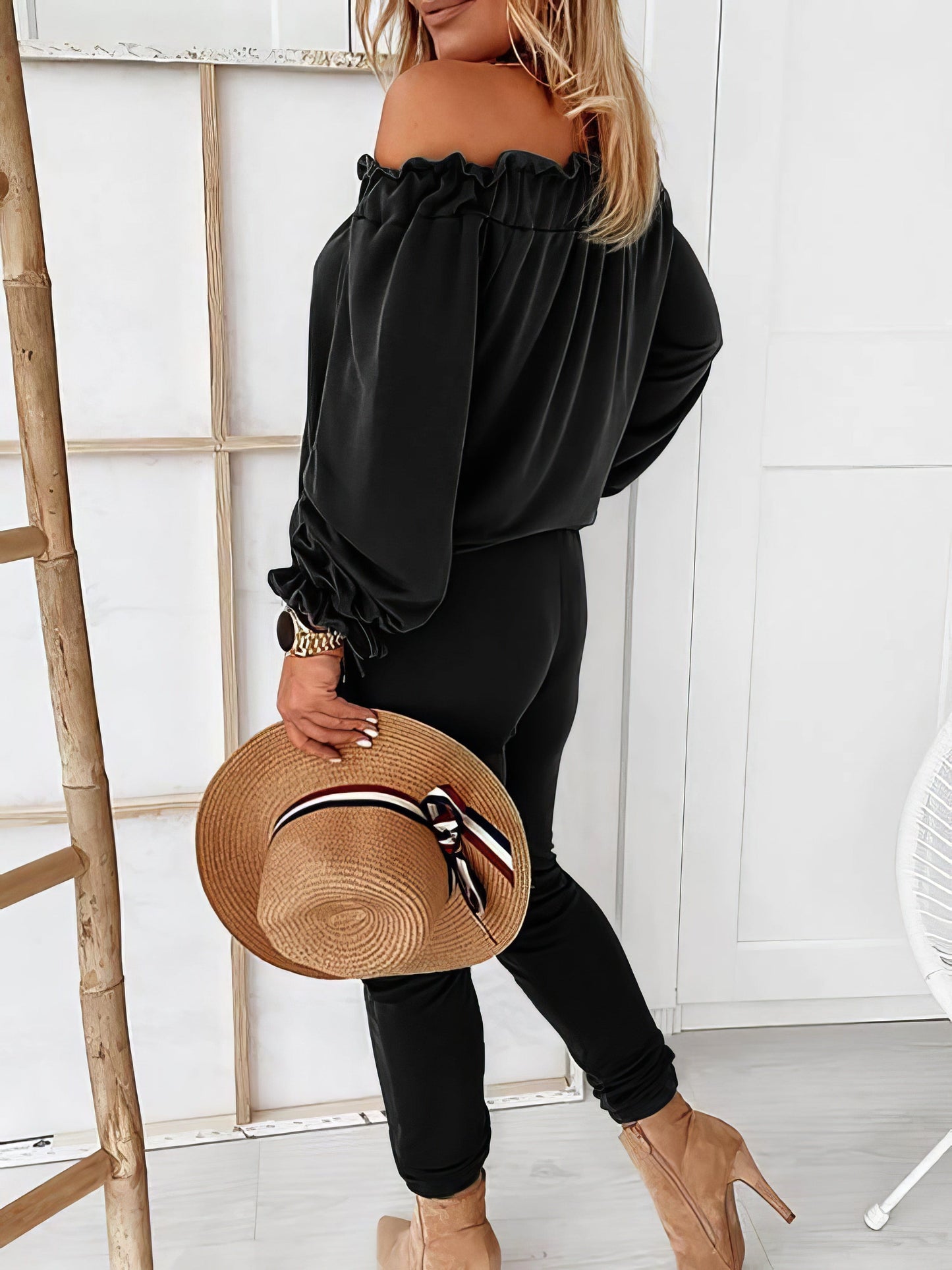 Elegant Off-shoulder Long Sleeve Jumpsuit with Drawstring Frill Hem