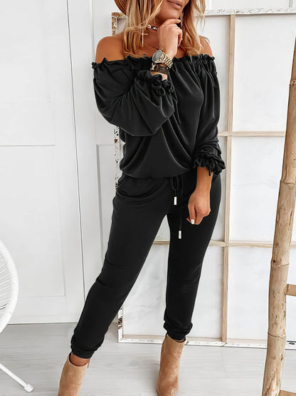 Elegant Off-shoulder Long Sleeve Jumpsuit with Drawstring Frill Hem