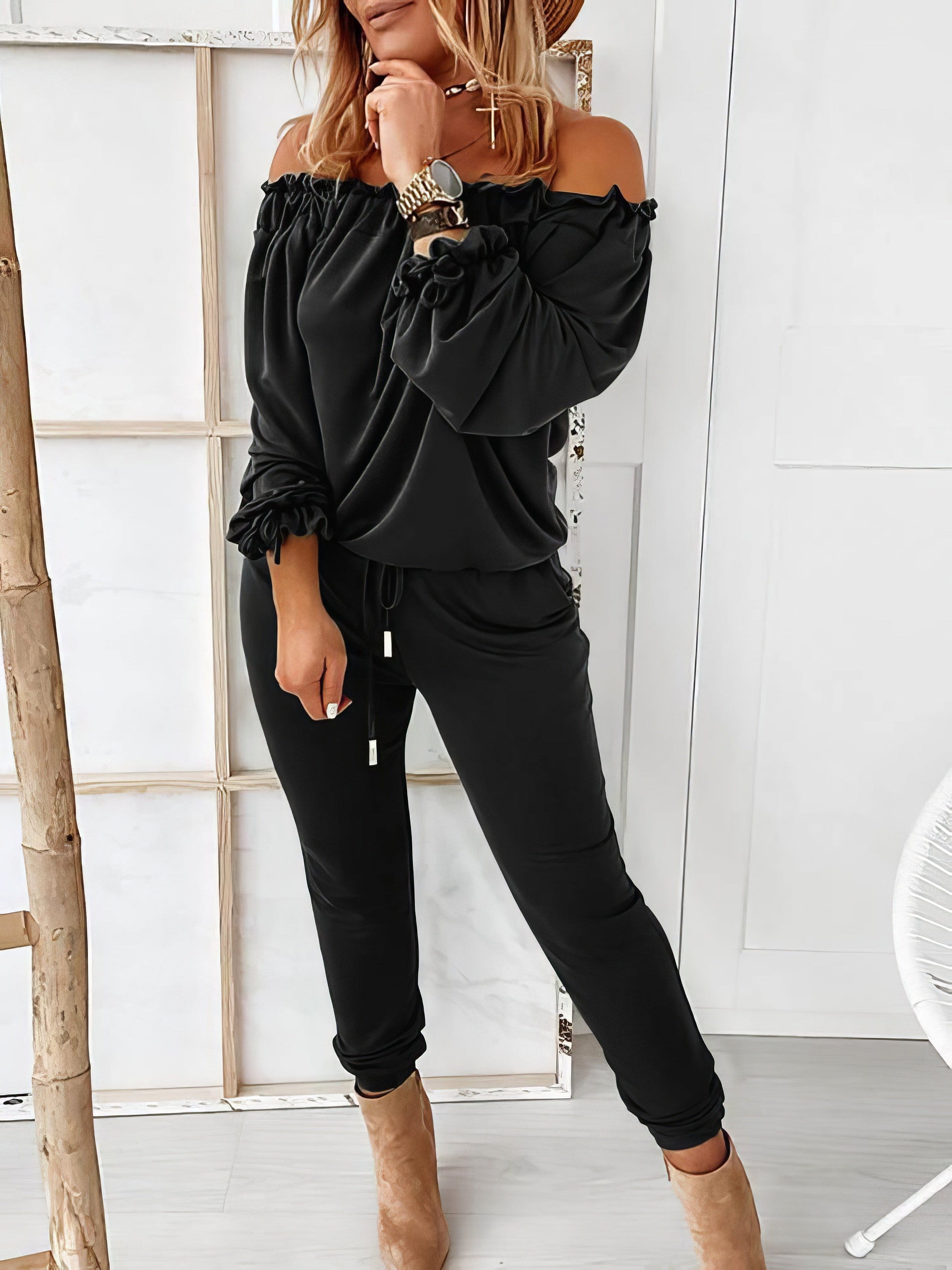 Elegant Off-shoulder Long Sleeve Jumpsuit with Drawstring Frill Hem