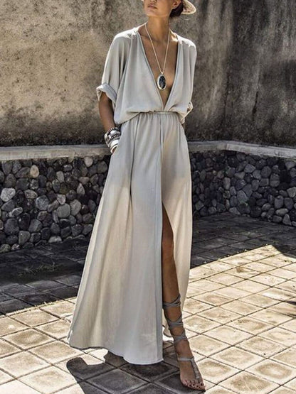 Elegant Solid Deep V Neck Split Dress