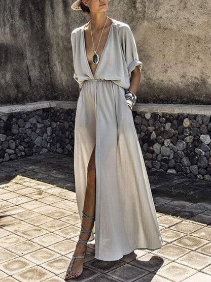 Elegant Solid Deep V Neck Split Dress