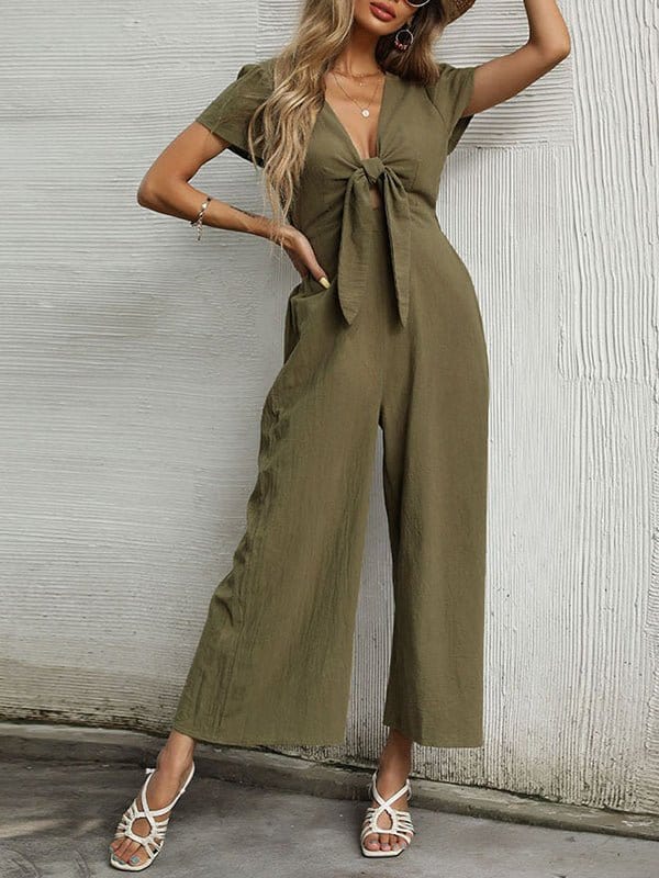 Elegant Wide Leg Jumpsuit with V-Neck and Short Sleeves