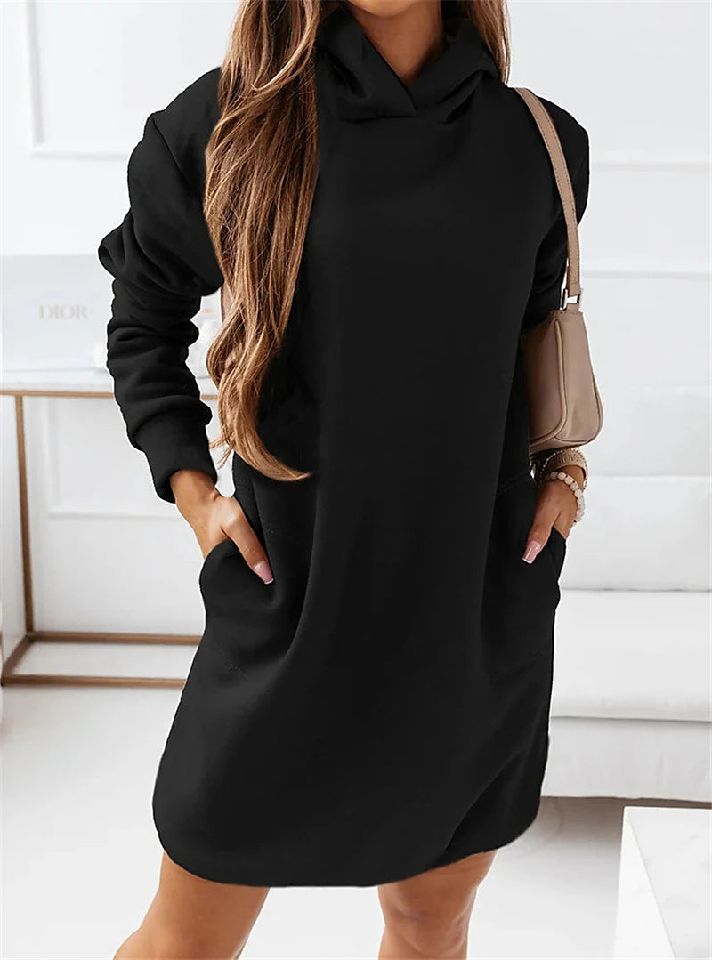 Women‘s Hoodie Dress Winter Dress Knee Length Dress Black khaki Brown Long Sleeve Fall Solid Color Patchwork Winter Casual Loose S M L XL XXL XXXL