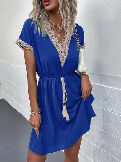 Women's White Dress Casual Dress A Line Dress Mini Dress Patchwork Drawstring Vacation Streetwear Casual V Neck Short Sleeve White Blue Dark Green Color