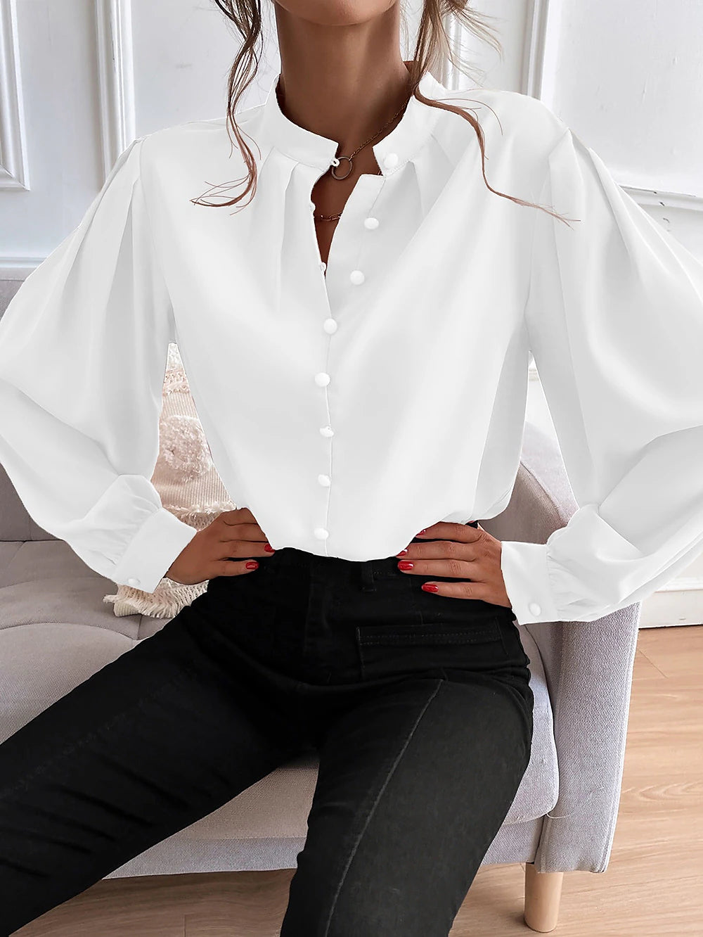 Women's Shirt Lantern Sleeve Blouse Plain Work Button Black Long Sleeve Daily Standing Collar Spring &  Fall