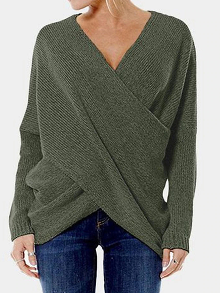 Women's Pullover Sweater Jumper V Neck Ribbed Knit Cotton Blend Criss Cross Fall Winter Regular Outdoor Daily Going out Stylish Casual Soft Long Sleeve Solid Color Khaki Gray S M L