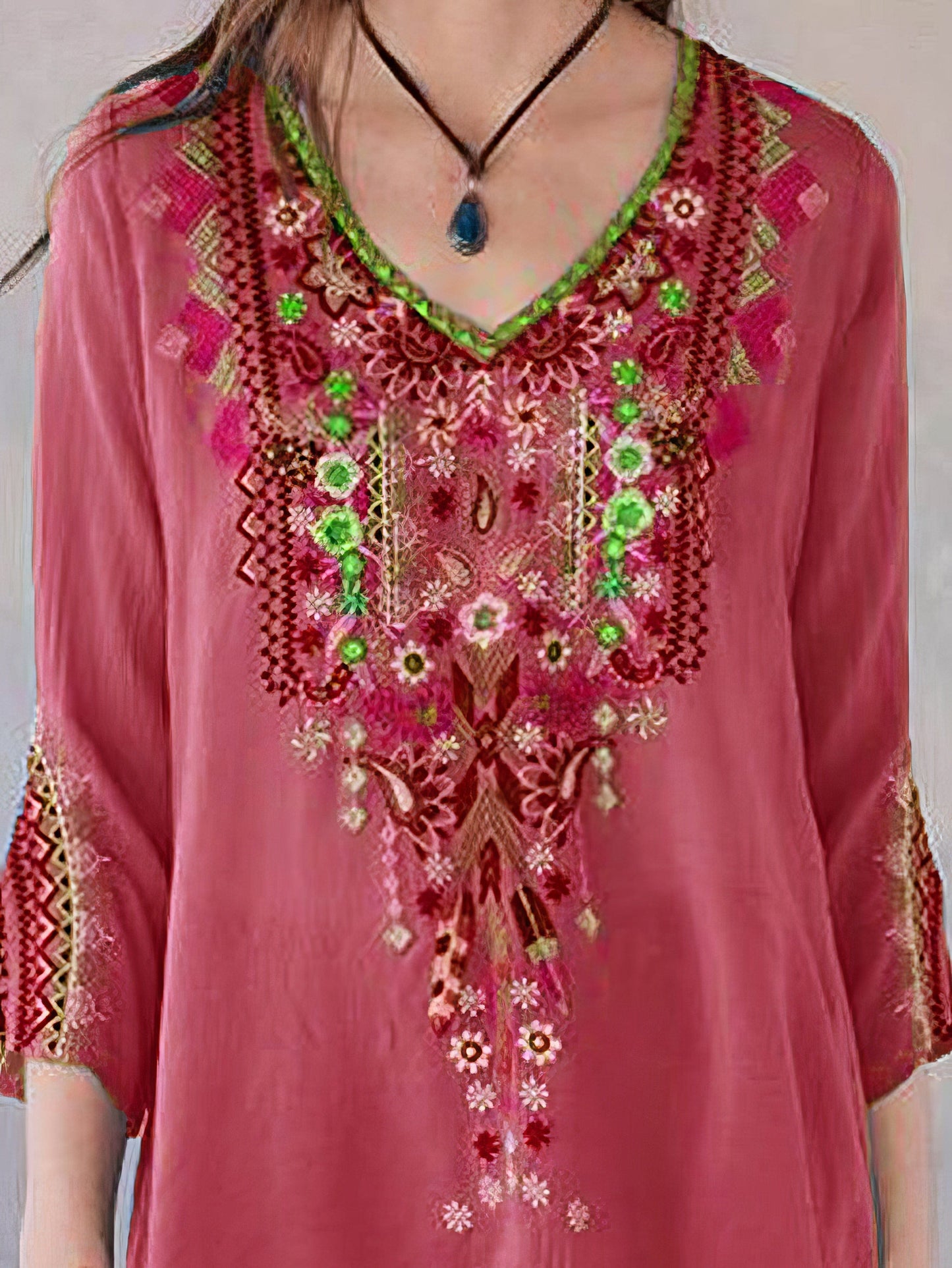 Embroidery Print 3/4 Sleeve V-neck Shirt