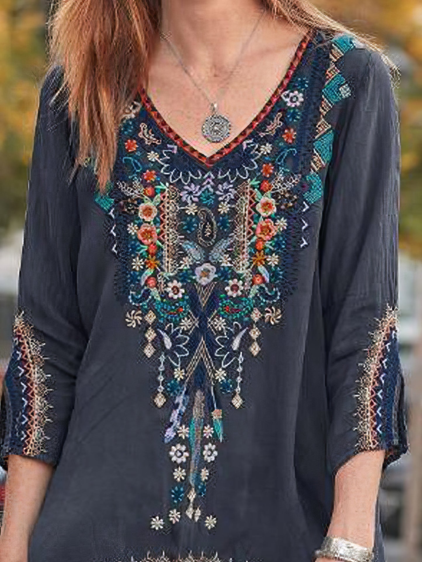 T-shirts - Embroidery Print 3/4 Sleeve V-neck Shirt - MsDressly