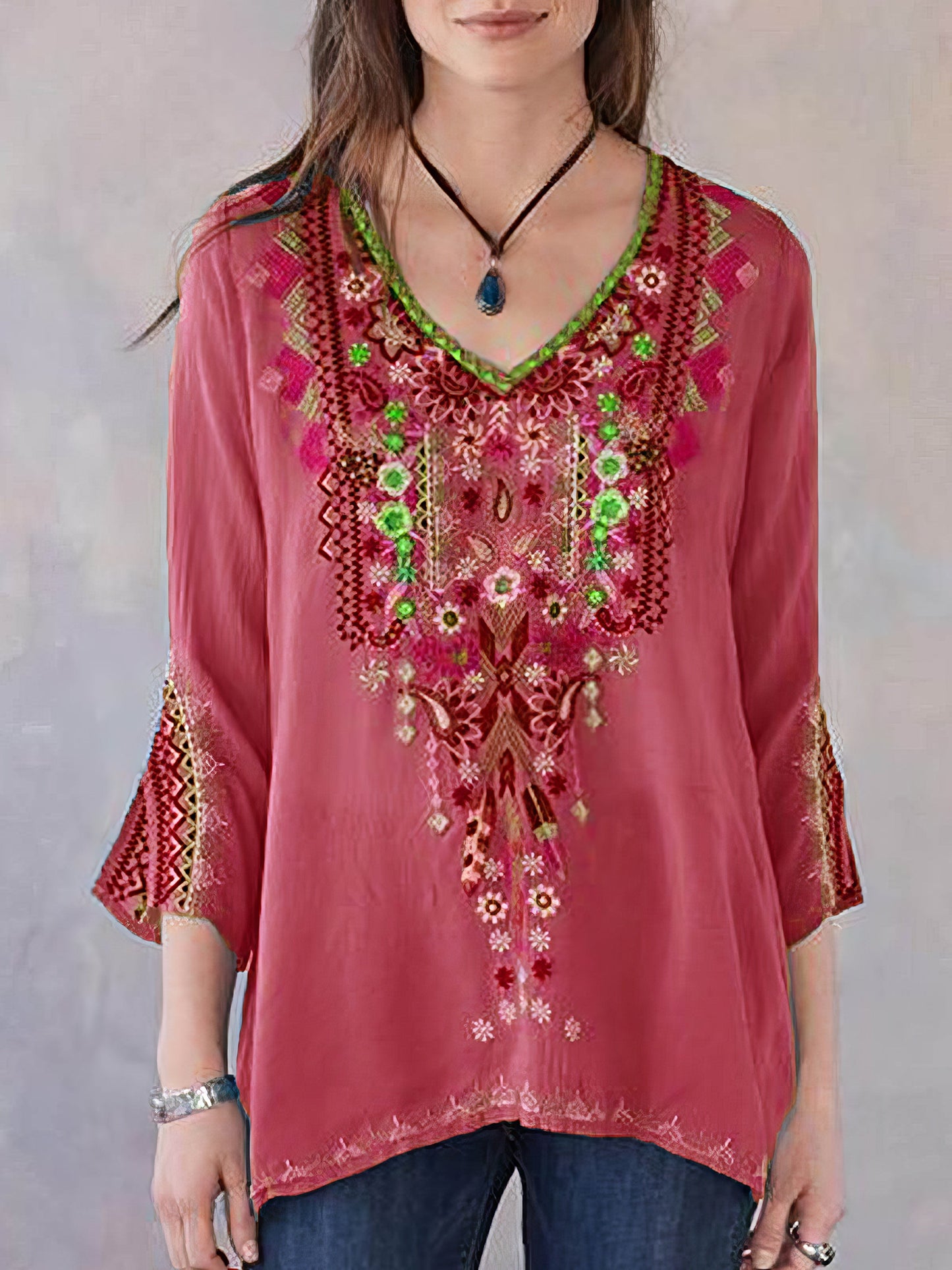 T-shirts - Embroidery Print 3/4 Sleeve V-neck Shirt - MsDressly