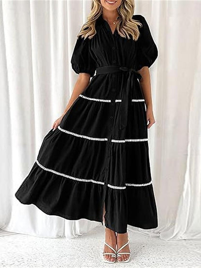 Women's White Dress Casual Dress Swing Dress Maxi Dress Lace up Button Date Vacation Streetwear Maxi Shirt Collar Half Sleeve Black White Pink Color