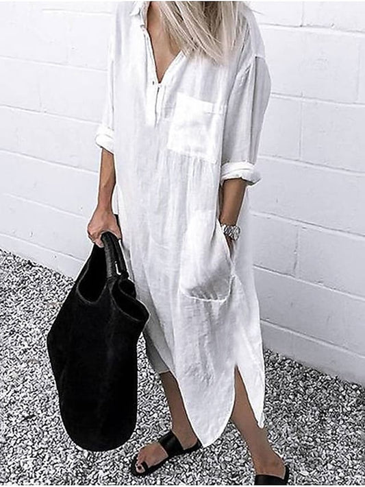 Women's Shirt Dress Casual Dress Cotton Linen Swing Long Sleeve V Neck Pocket Basic Loose Midi Summer Spring