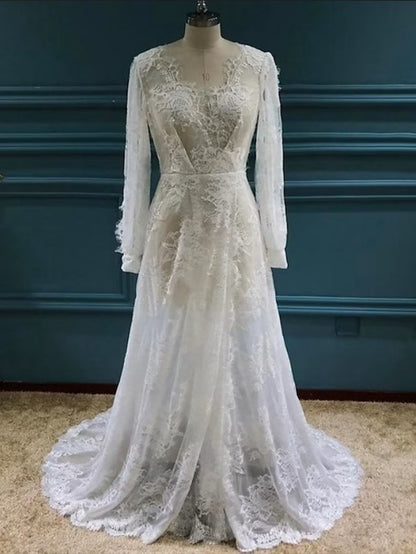 Beach Sexy Boho Wedding Dresses A-Line V Neck Long Sleeve Sweep / Brush Train Lace Bridal Gowns With Appliques Split Front 2023 Summer Wedding Party, Women's Clothing - LuckyFash™