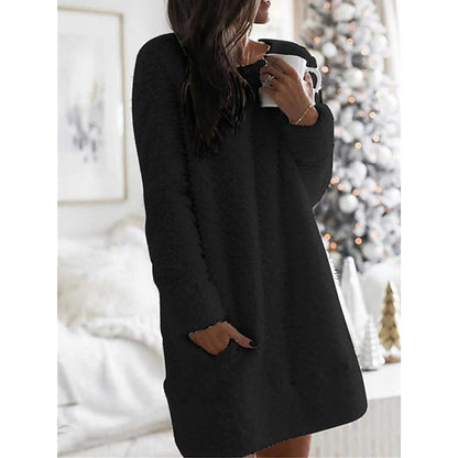 Women's Sweater Dress Crew Neck Fuzzy Knit Cotton Pocket Fall Winter Home Daily Stylish Soft Long Sleeve Solid Color Black White Pink S M L