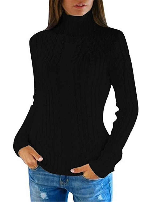 Women's Pullover Sweater Jumper Turtleneck Cable Knit Acrylic Knitted Fall Winter Cropped Outdoor Daily Holiday Stylish Casual Soft Long Sleeve Solid Color Black White Red S M L