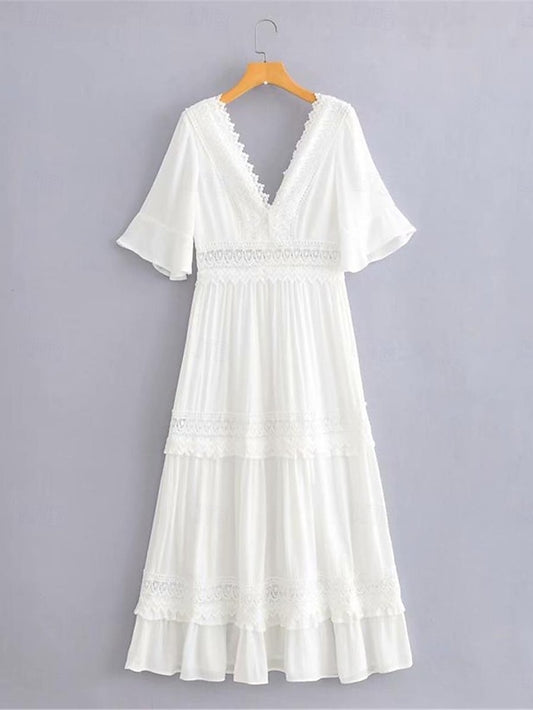 Women's Summer Dress Boho Wedding Guest Dress White Lace Wedding Dress Maxi Dress with Sleeve Vacation Elegant V Neck Half Sleeve White Color