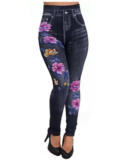 Women's Slim Cotton Flower Black Blue Fashion High Waist Full Length Street Causal Fall Winter