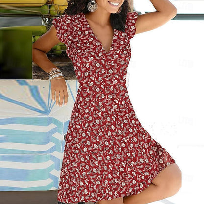 Women's V Neck Flutter Sleeve Midi Dress Short Sleeve Summer Spring