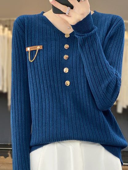 Women's Pullover Sweater Jumper V Neck Ribbed Knit Polyester Button Fall Winter Regular Outdoor Daily Going out Stylish Casual Soft Long Sleeve Solid Color Black White Yellow S M L