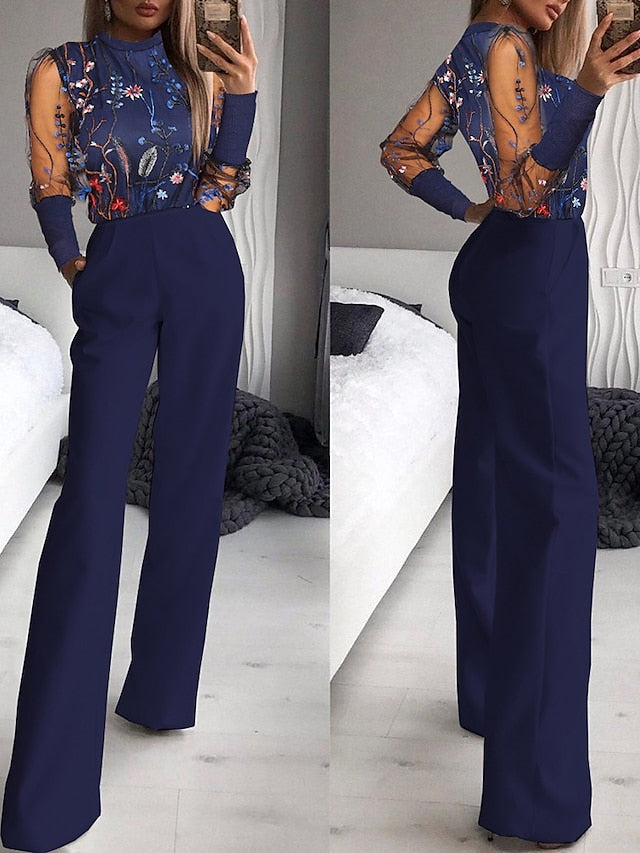 Women's Jumpsuit Mesh Embroidered Floral Stand Collar Elegant Party Street Regular Fit Long Sleeve Blue S M L Spring - LuckyFash™