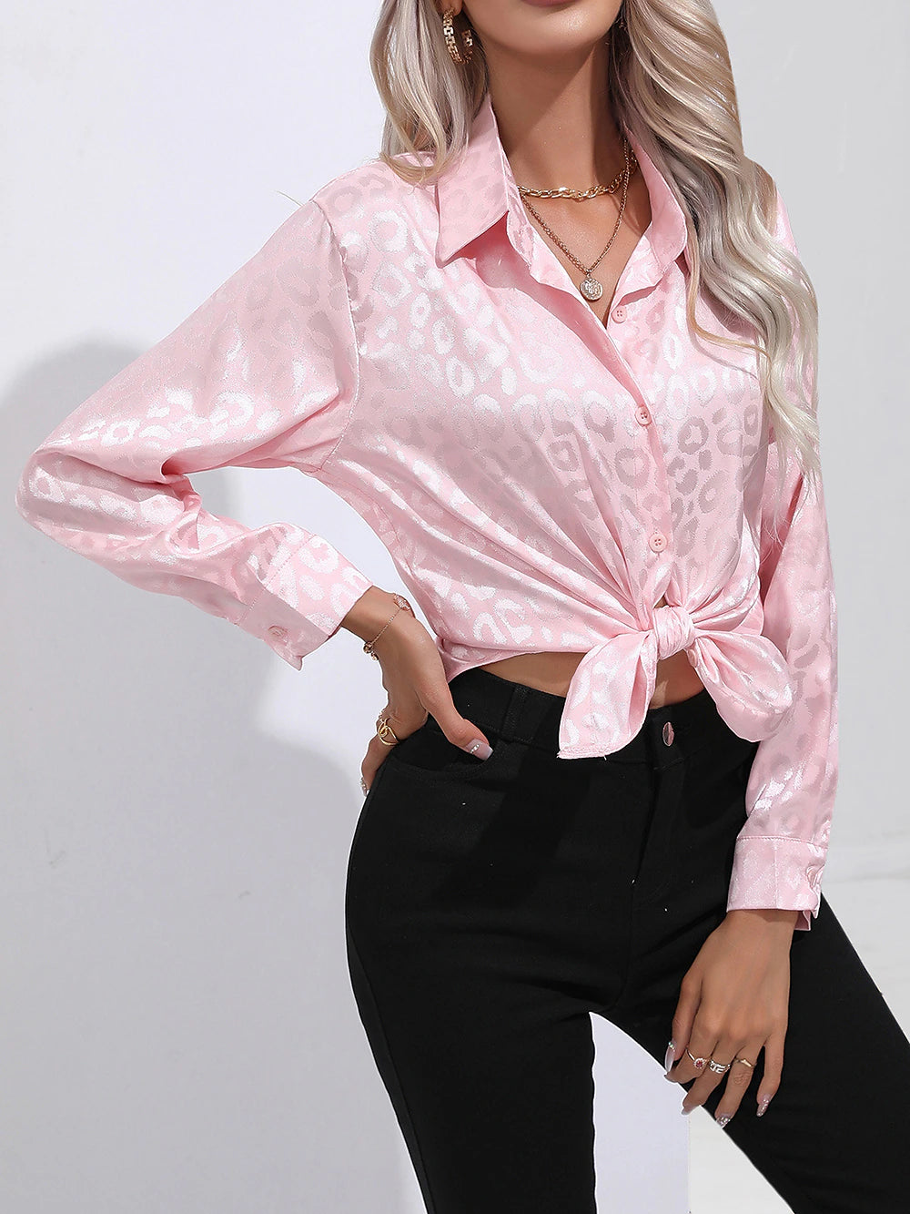 Women's Shirt Blouse Satin Leopard Casual Button Print Pink Long Sleeve Fashion Shirt Collar Spring &  Fall