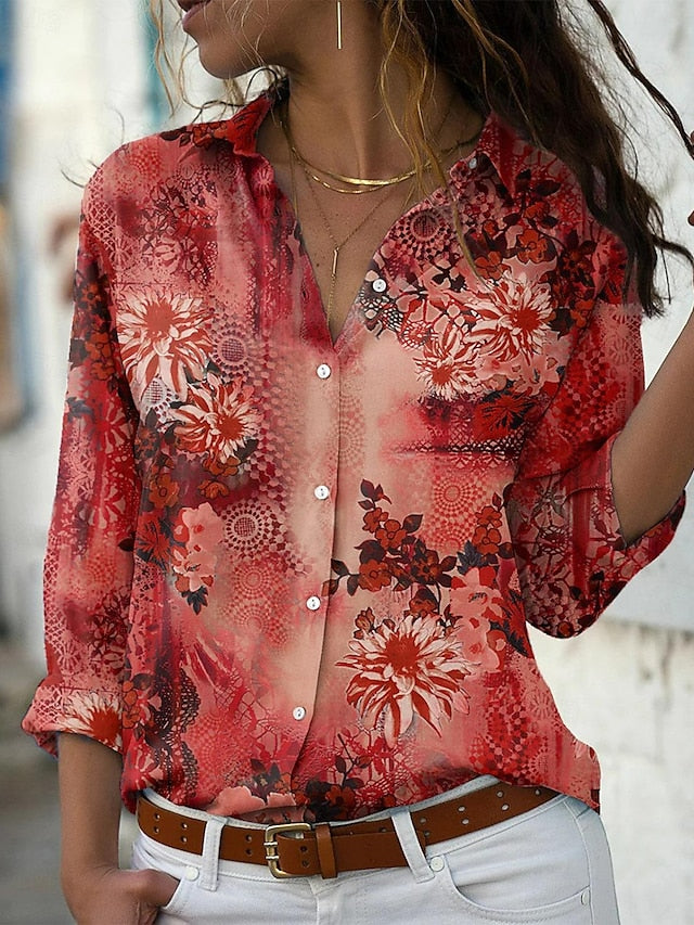 Women's Shirt Blouse Floral Daily Vacation Button Print Red Long Sleeve Casual Shirt Collar Spring &  Fall