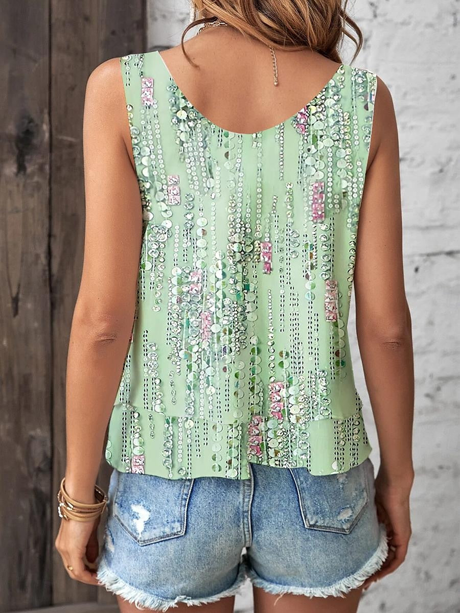 Women's Tank Top Flowy Layered Green Floral Print Casual Beachwear Vacation Tiered Sleeveless Crew Neck Summer Tank