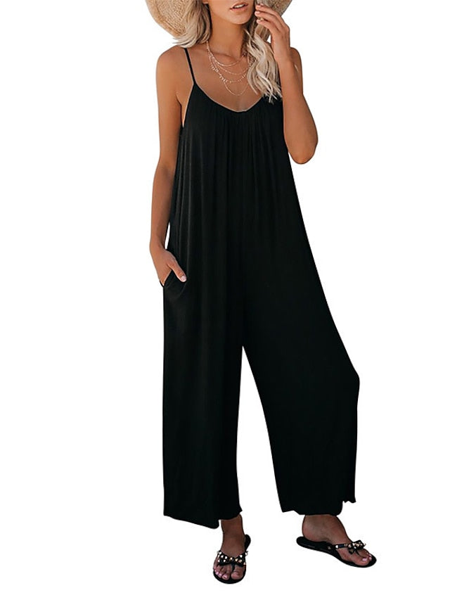 Women's Basic Daily Wide Leg Navy Blue Overall Solid Color - LuckyFash™